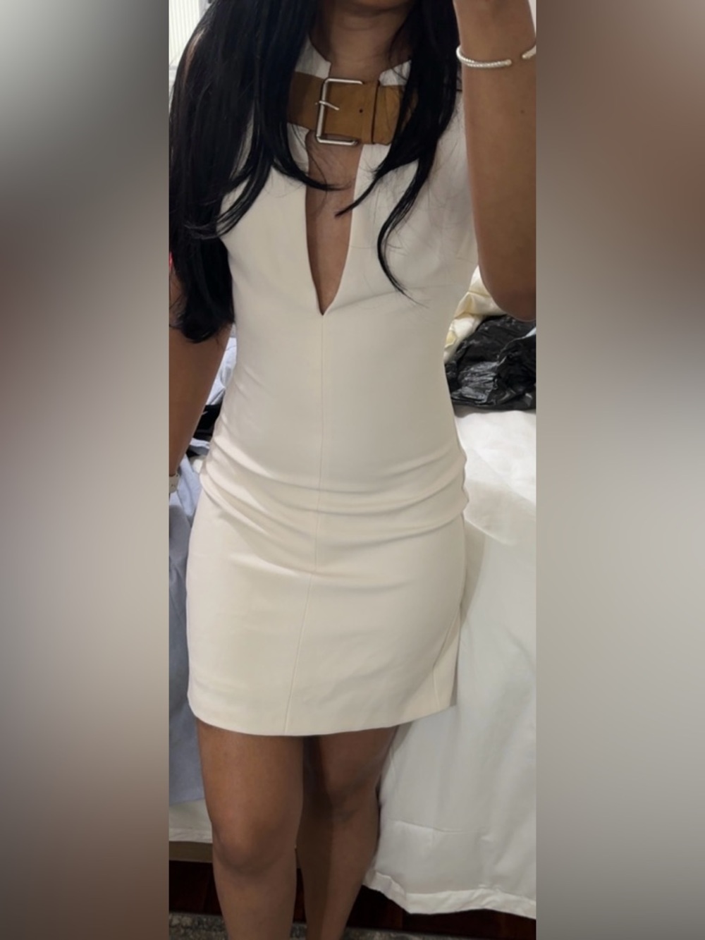 Zara Cream Plunge Neck Midi Dress with Buckle Detail